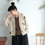 綿麻 刺繍 ボタン レトロ カーディガン