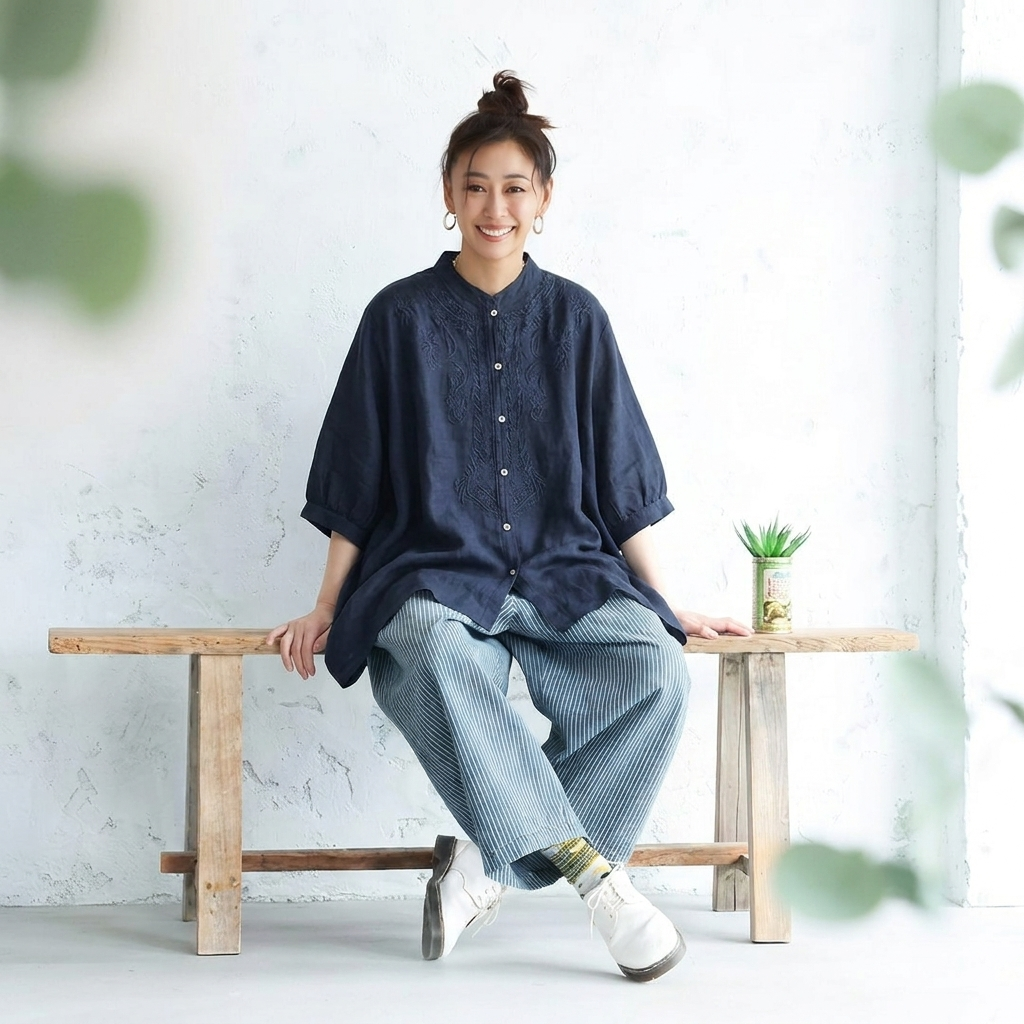 綿麻 ゆったり刺繍シャツ