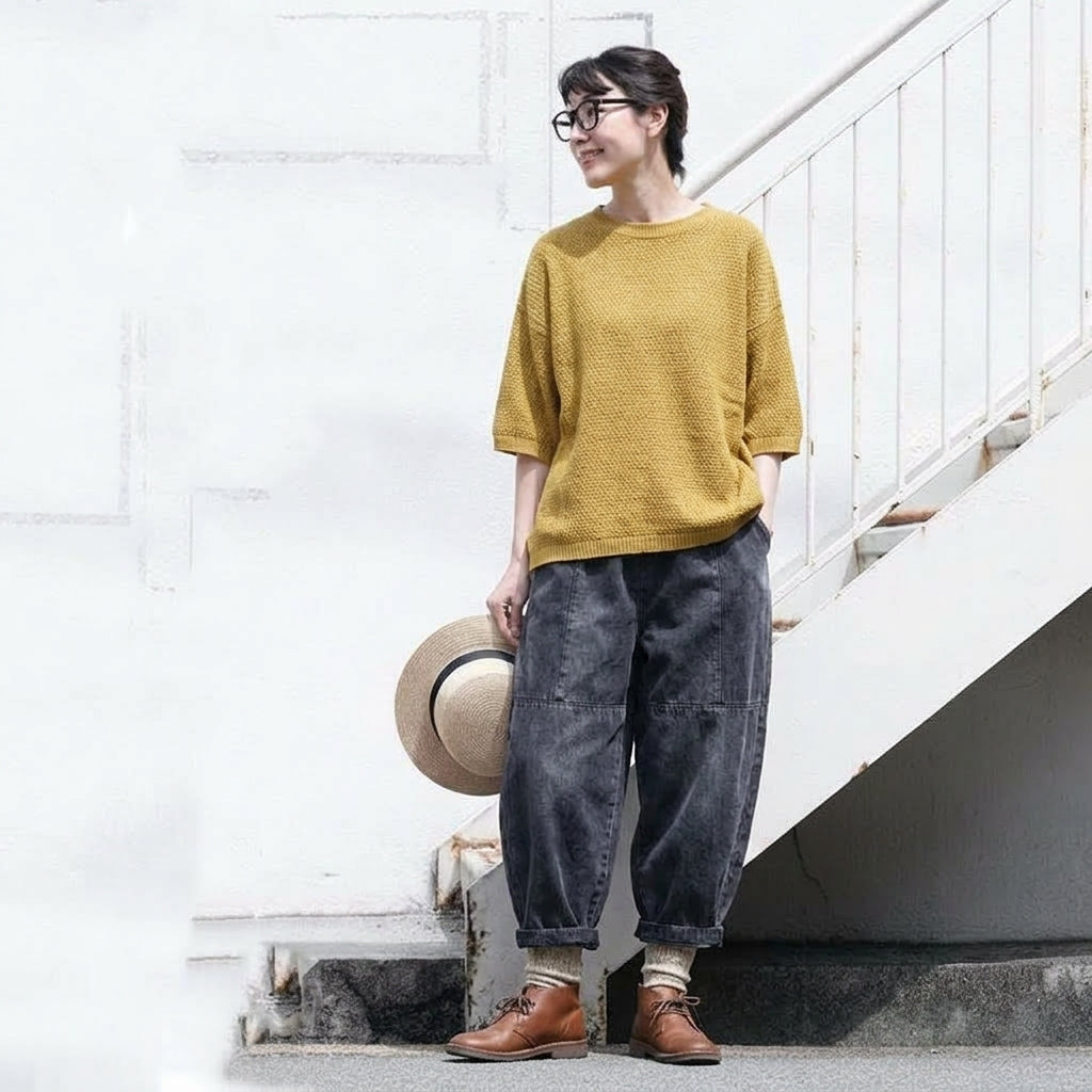 ウエストゴム テーパード デニムパンツ