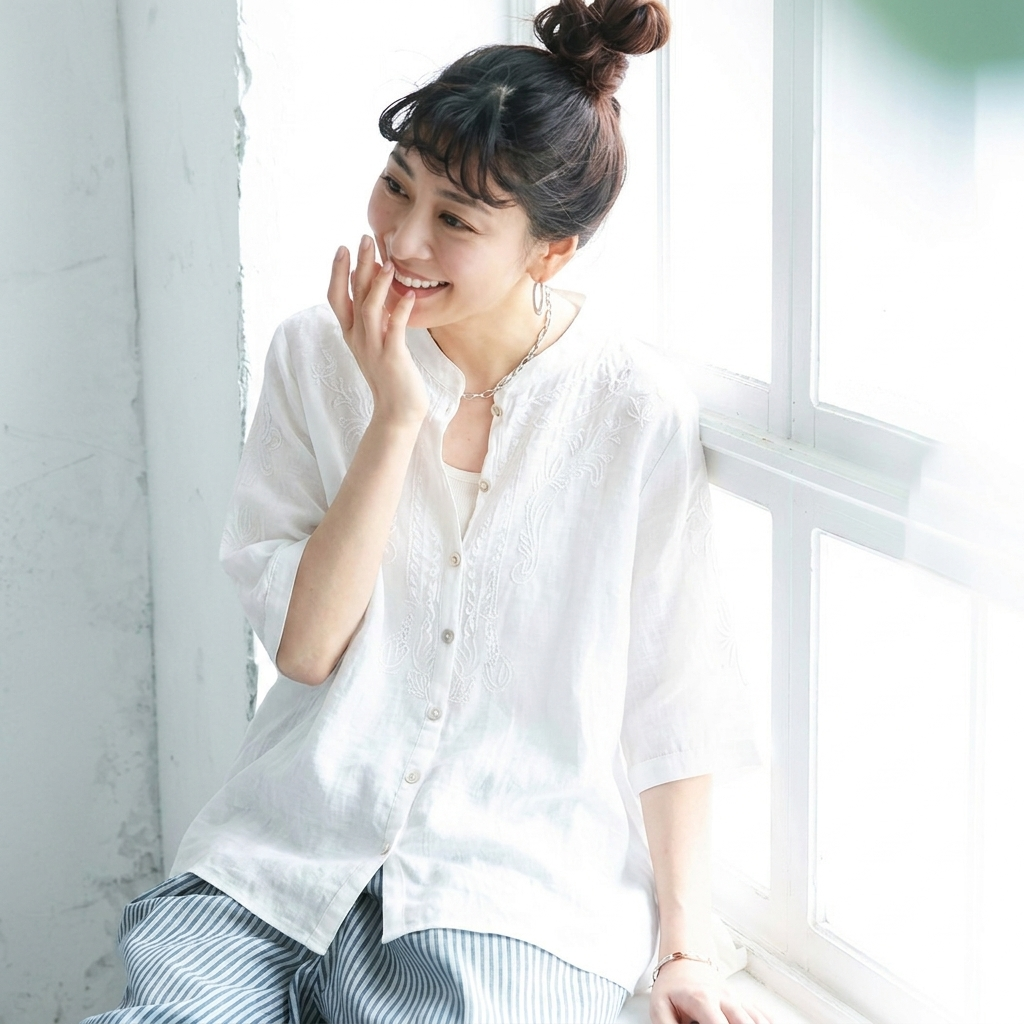 綿麻 ゆったり刺繍シャツ