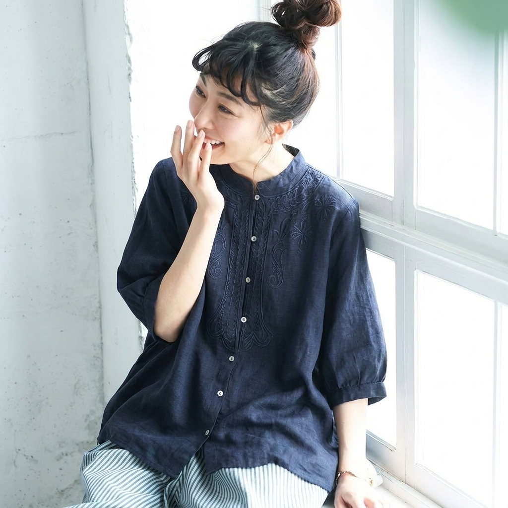 綿麻 ゆったり刺繍シャツ