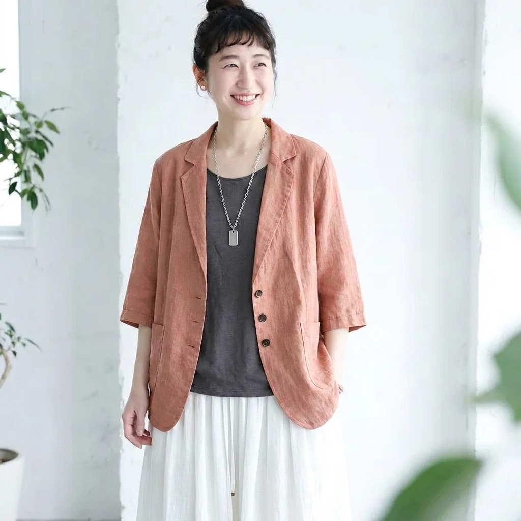ボタン 七分袖 折り襟 無地 スーツジャケット