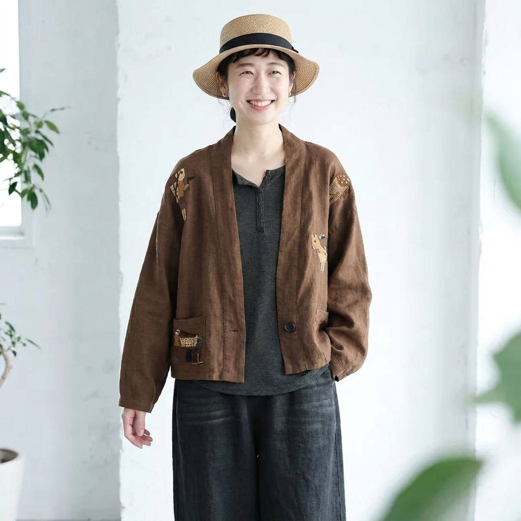綿麻 刺繍 ボタン レトロ カーディガン