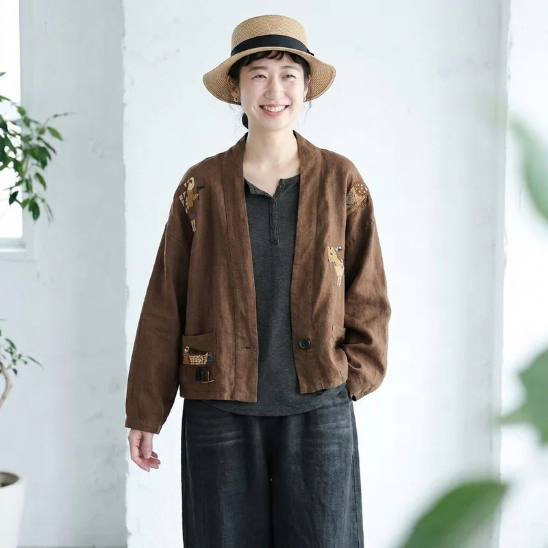 綿麻 刺繍 ボタン レトロ カーディガン