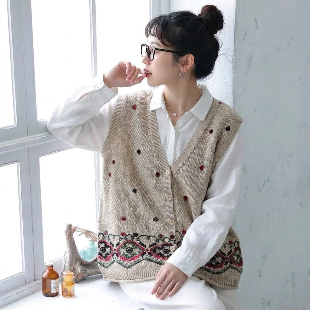 S～4XL Vネック 総柄ジャカード ボタン開き ゆったりシルエット レトロ ノースリーブ ニットベスト