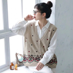 S～4XL Vネック 総柄ジャカード ボタン開き ゆったりシルエット レトロ ノースリーブ ニットベスト