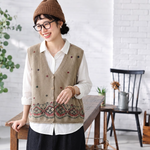 S～4XL Vネック 総柄ジャカード ボタン開き ゆったりシルエット レトロ ノースリーブ ニットベスト