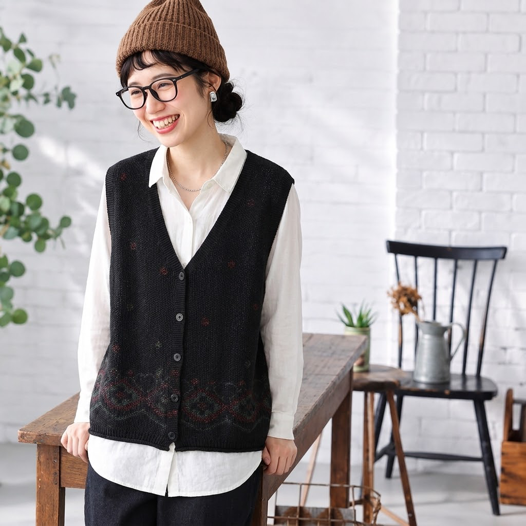 S～4XL Vネック 総柄ジャカード ボタン開き ゆったりシルエット レトロ ノースリーブ ニットベスト