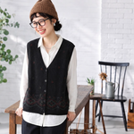 S～4XL Vネック 総柄ジャカード ボタン開き ゆったりシルエット レトロ ノースリーブ ニットベスト