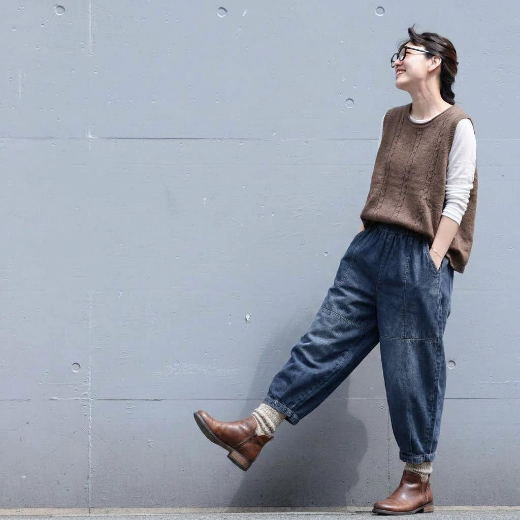 ウエストゴム テーパード デニムパンツ