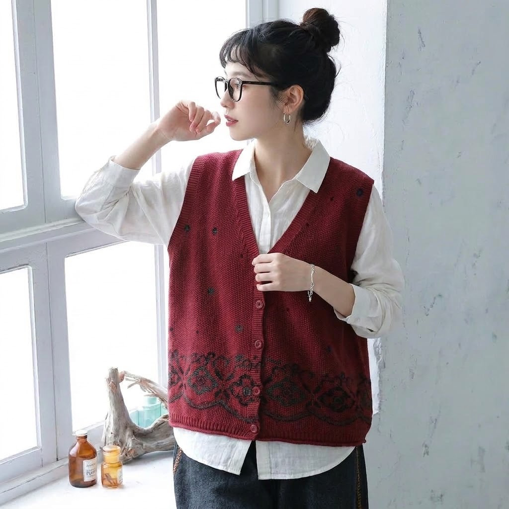 S～4XL Vネック 総柄ジャカード ボタン開き ゆったりシルエット レトロ ノースリーブ ニットベスト