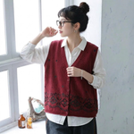 S～4XL Vネック 総柄ジャカード ボタン開き ゆったりシルエット レトロ ノースリーブ ニットベスト
