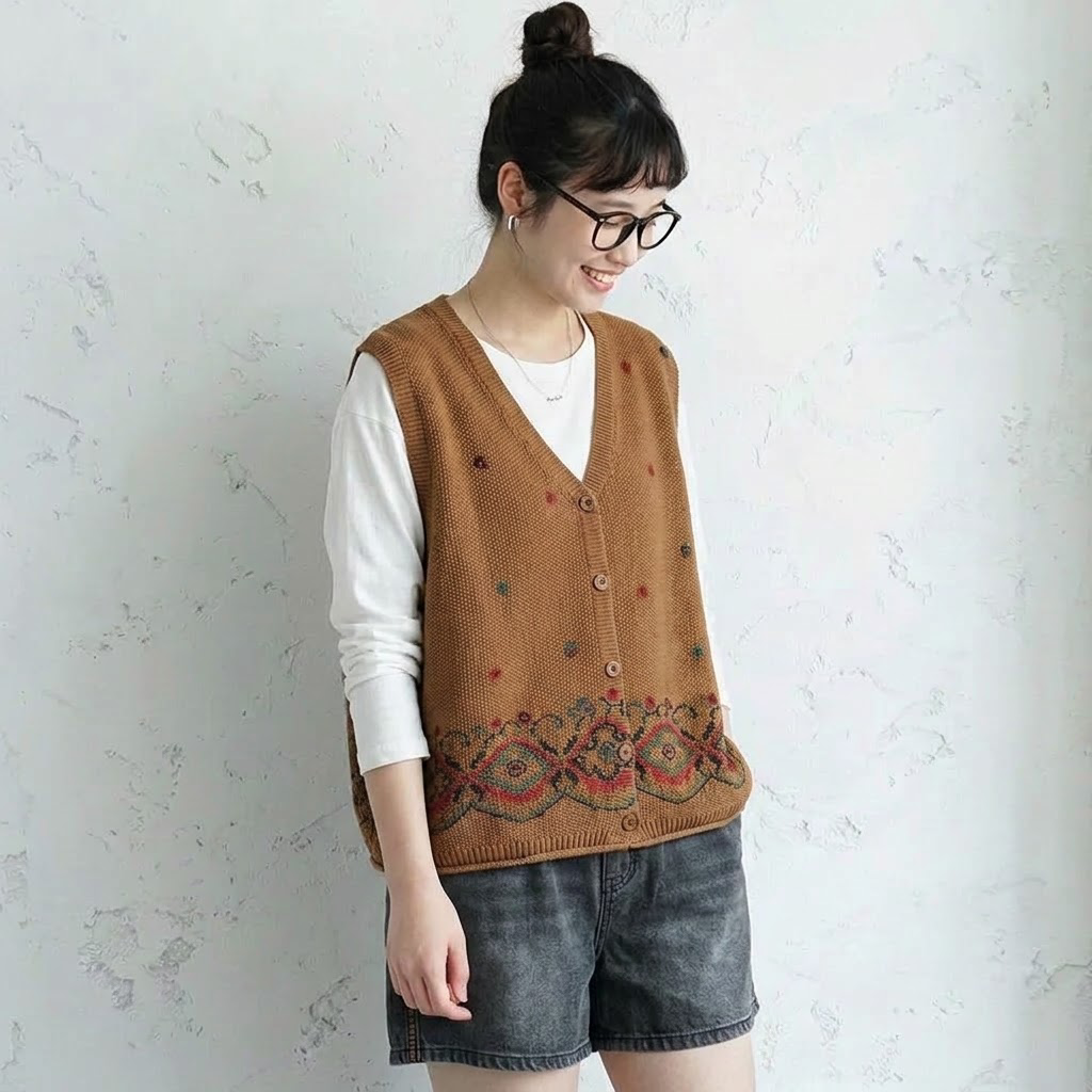 S～4XL Vネック 総柄ジャカード ボタン開き ゆったりシルエット レトロ ノースリーブ ニットベスト