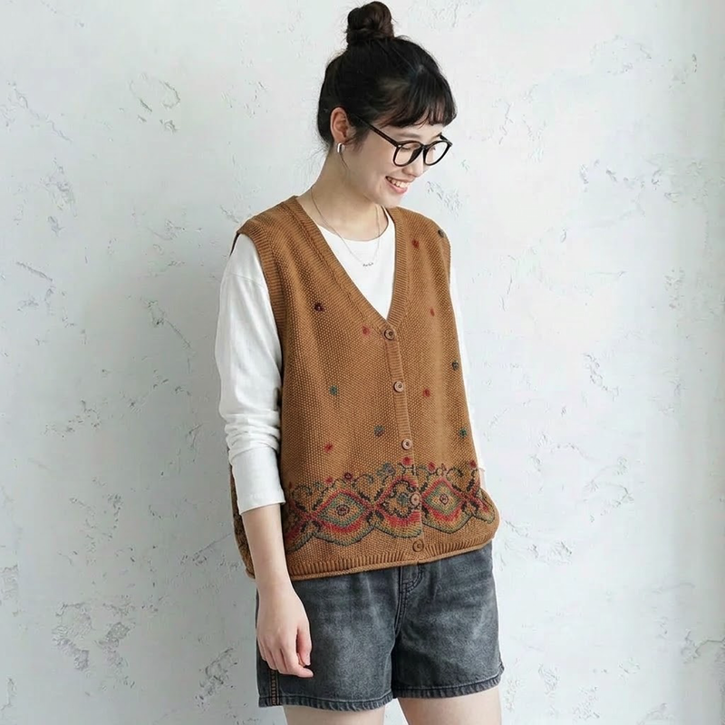 S～4XL Vネック 総柄ジャカード ボタン開き ゆったりシルエット レトロ ノースリーブ ニットベスト