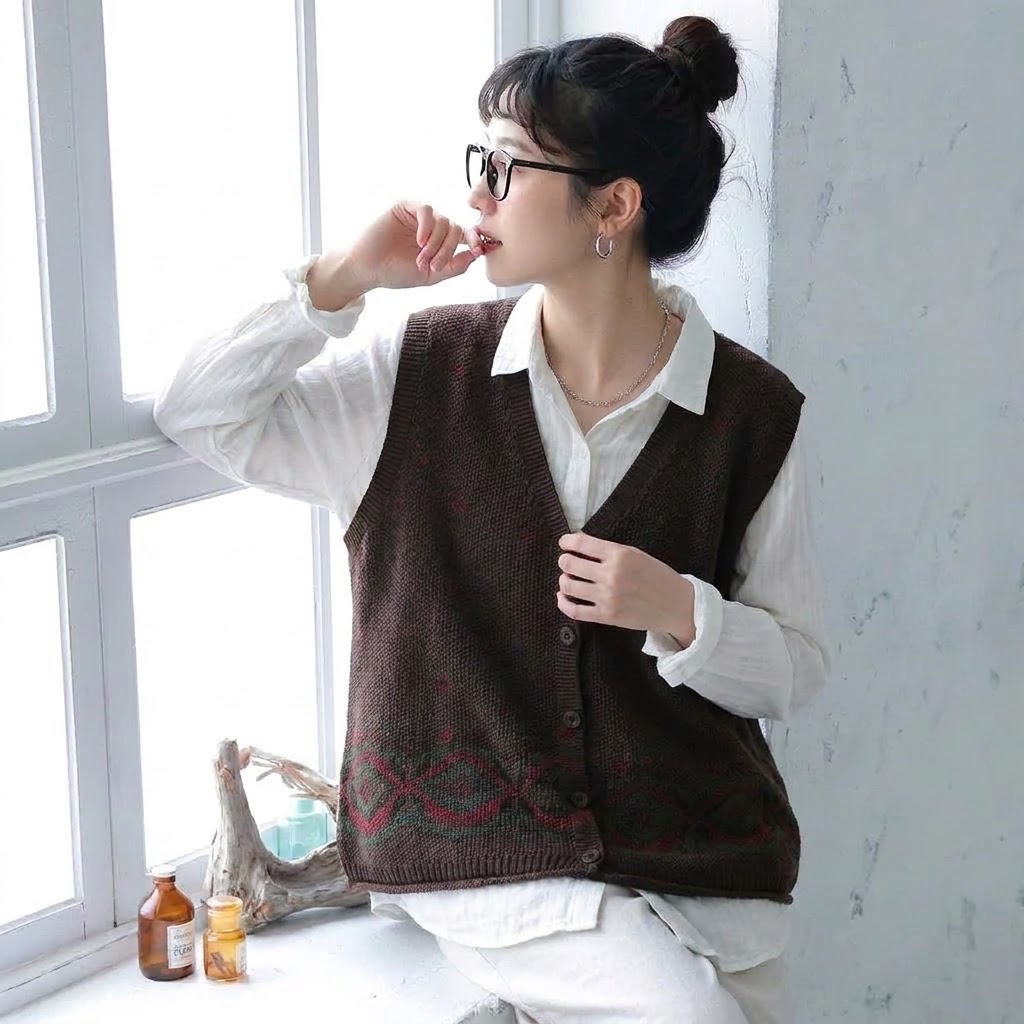 S～4XL Vネック 総柄ジャカード ボタン開き ゆったりシルエット レトロ ノースリーブ ニットベスト
