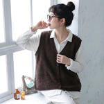 S～4XL Vネック 総柄ジャカード ボタン開き ゆったりシルエット レトロ ノースリーブ ニットベスト