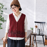 S～4XL Vネック 総柄ジャカード ボタン開き ゆったりシルエット レトロ ノースリーブ ニットベスト