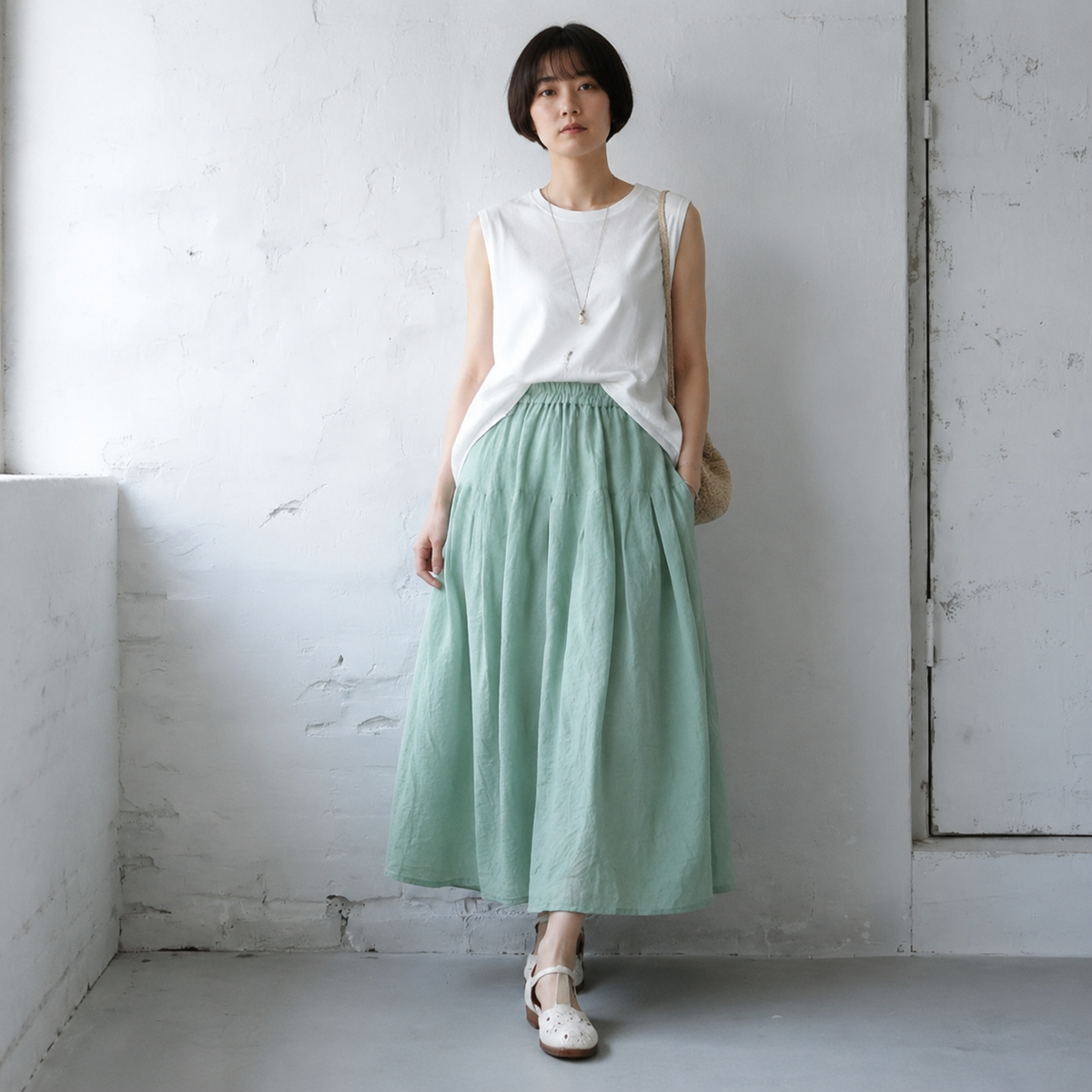 綿麻 Aライン ハイウエスト ロング 無地 スカート