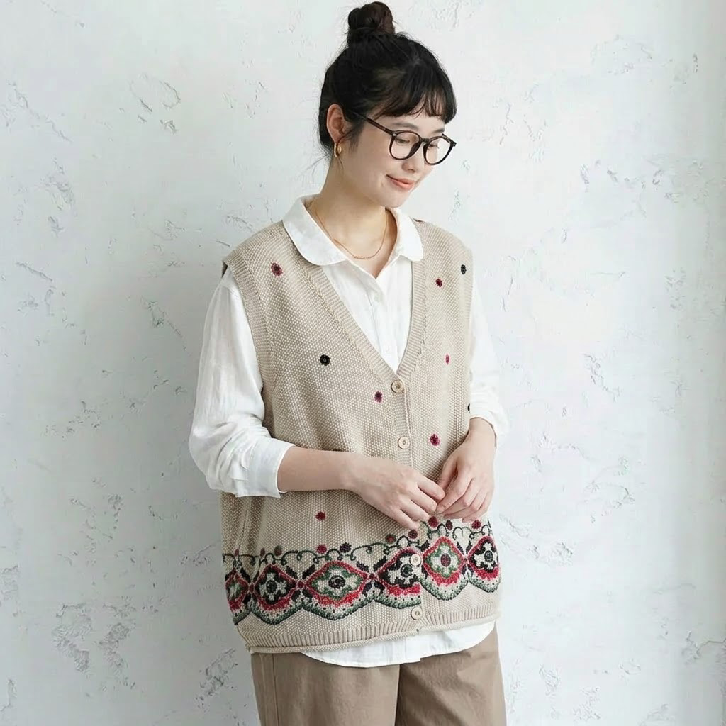 S～4XL Vネック 総柄ジャカード ボタン開き ゆったりシルエット レトロ ノースリーブ ニットベスト