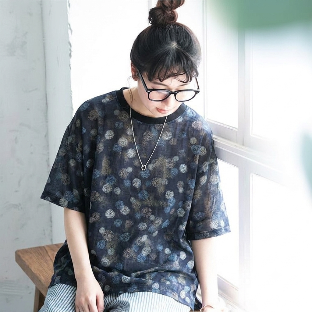 プリント ドット柄 半袖 ラウンドネック Tシャツ