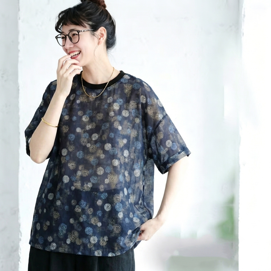 プリント ドット柄 半袖 ラウンドネック Tシャツ