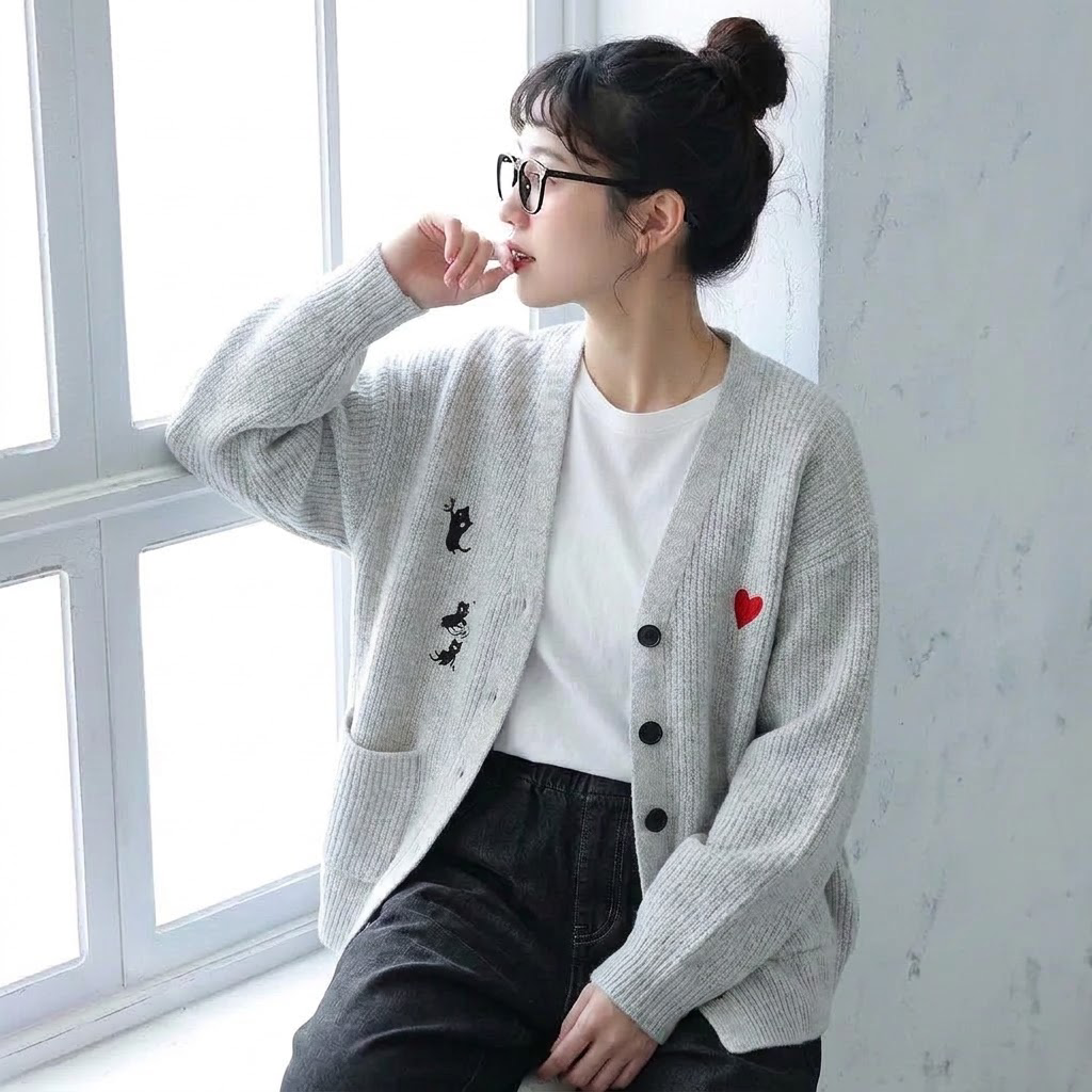 刺繍入り クルーネックニットカーディガン