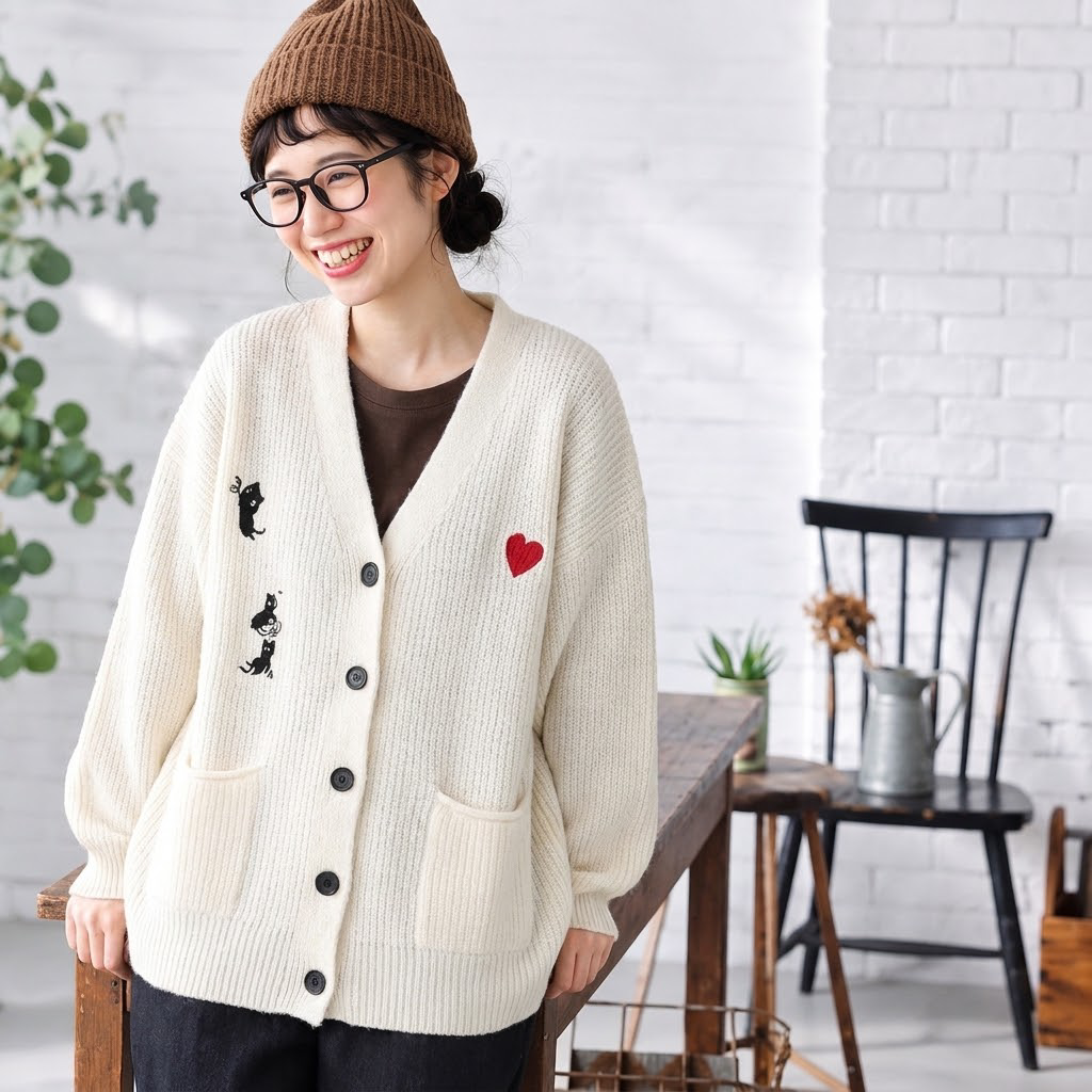 刺繍入り クルーネックニットカーディガン