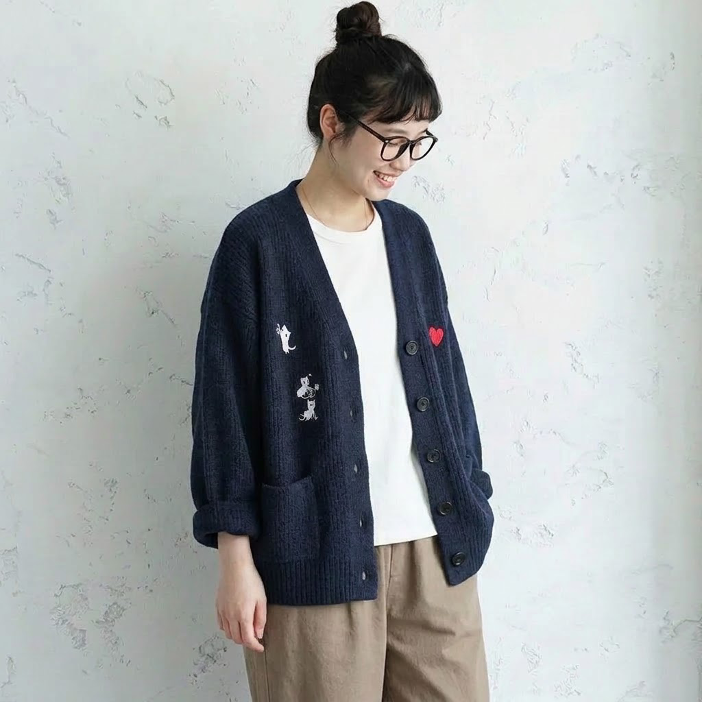 刺繍入り クルーネックニットカーディガン