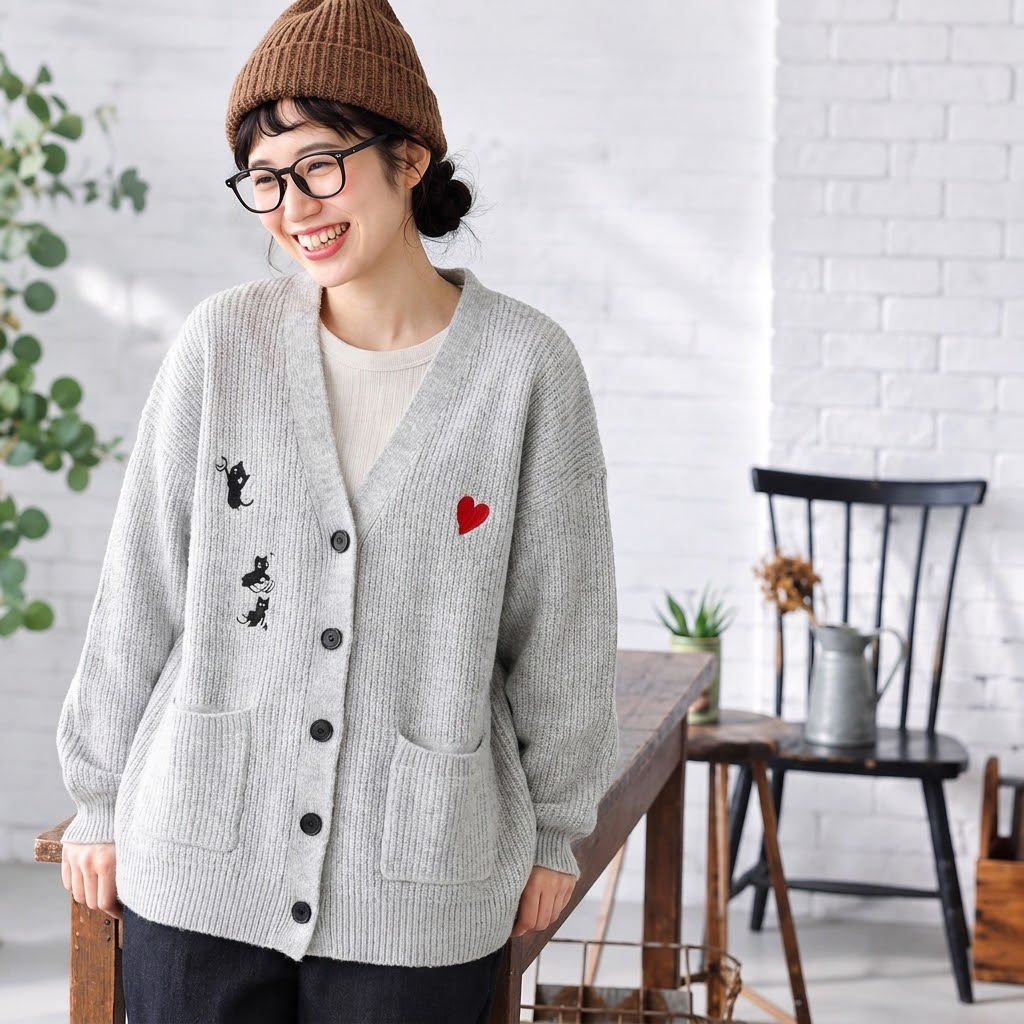 刺繍入り クルーネックニットカーディガン