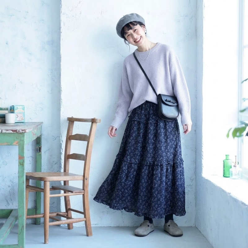 Aライン 切り替え 花柄プリント スカート
