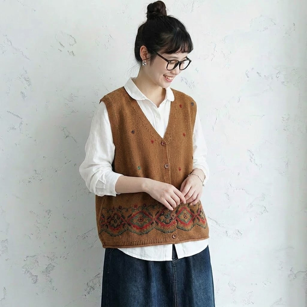 S～4XL Vネック 総柄ジャカード ボタン開き ゆったりシルエット レトロ ノースリーブ ニットベスト