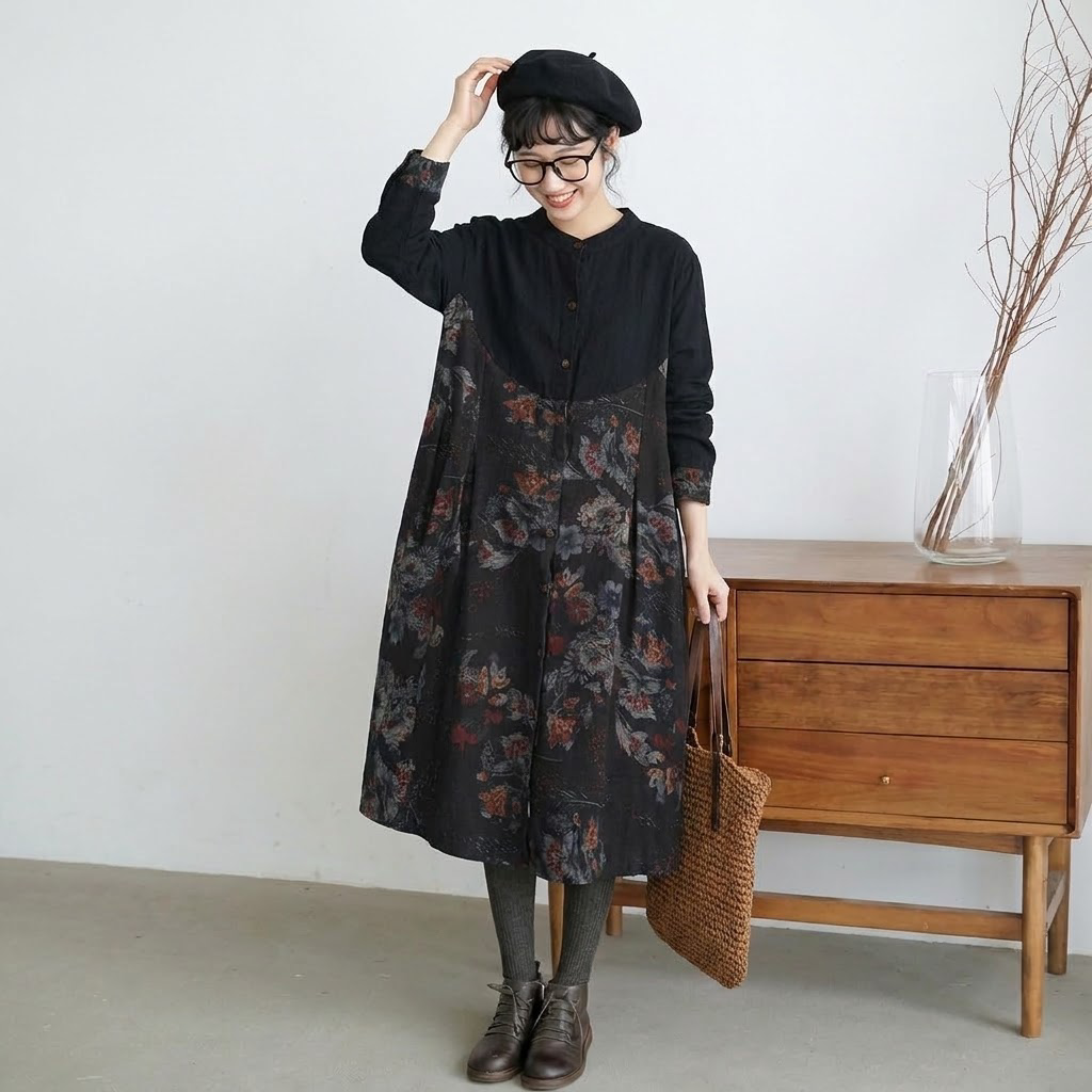M～5XL 切り替えデザイン 総柄プリント ポケット付き ゆったりシルエット レトロ 長袖 ワンピース