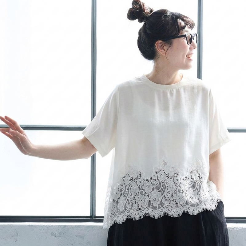 切り替え レース 半袖 ラウンドネック Tシャツ