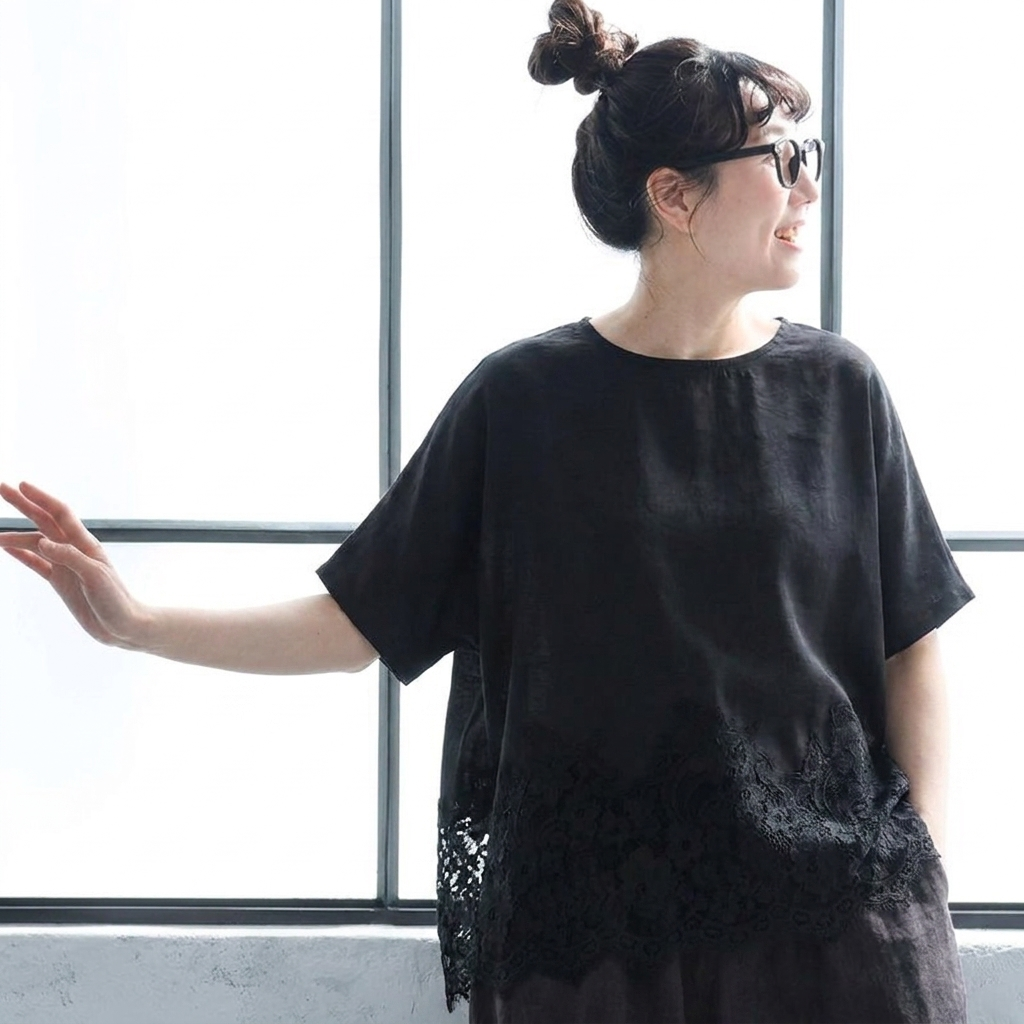 切り替え レース 半袖 ラウンドネック Tシャツ