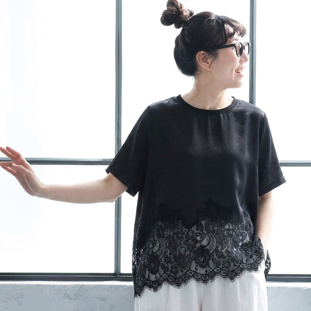 切り替え レース 半袖 ラウンドネック Tシャツ