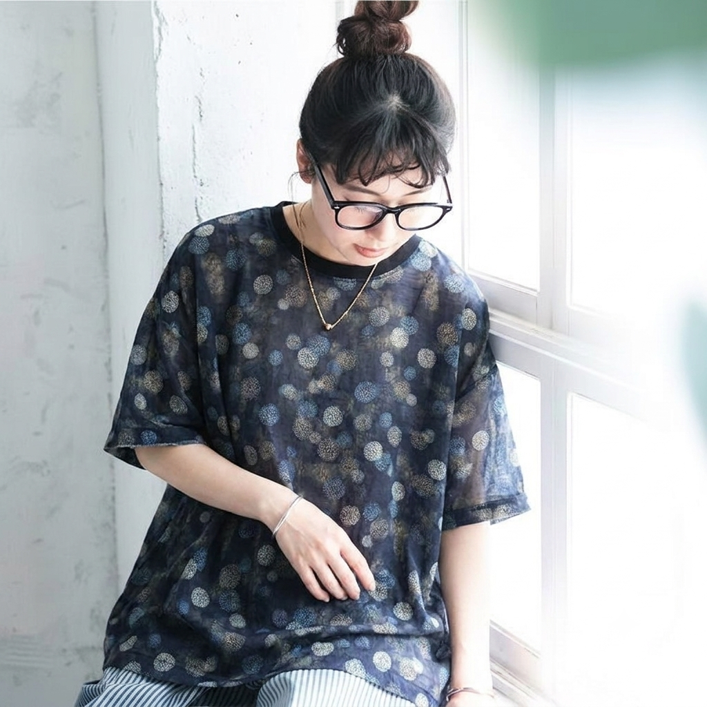 プリント ドット柄 半袖 ラウンドネック Tシャツ