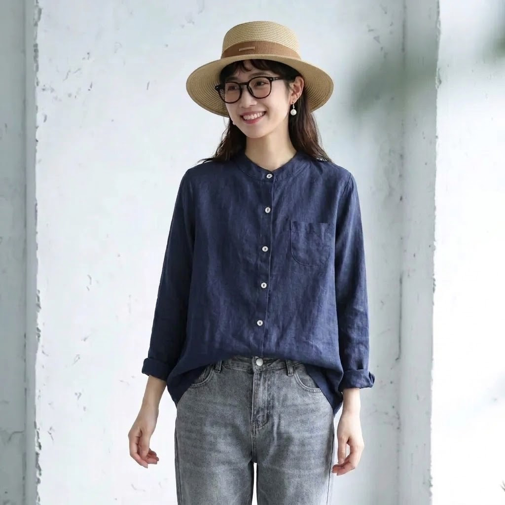 M～4XL 綿麻ブラウス