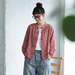 綿麻 チェック柄 長袖 バルーンスリーブ ボタン レトロ シャツ