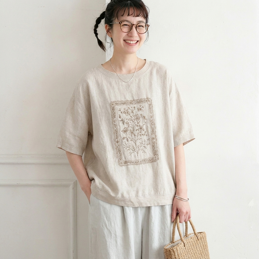 プリント コットン混 半袖Tシャツ ルーズ