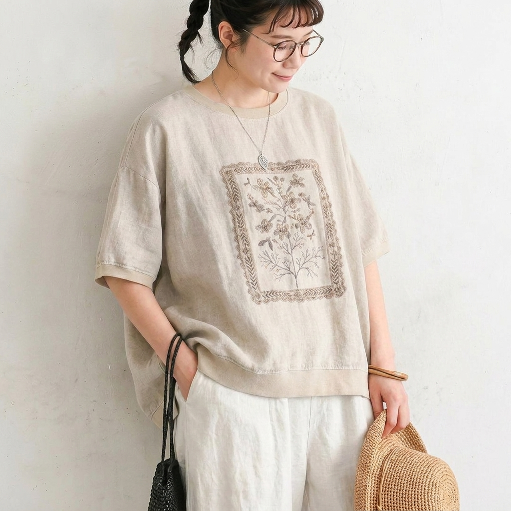 プリント コットン混 半袖Tシャツ ルーズ
