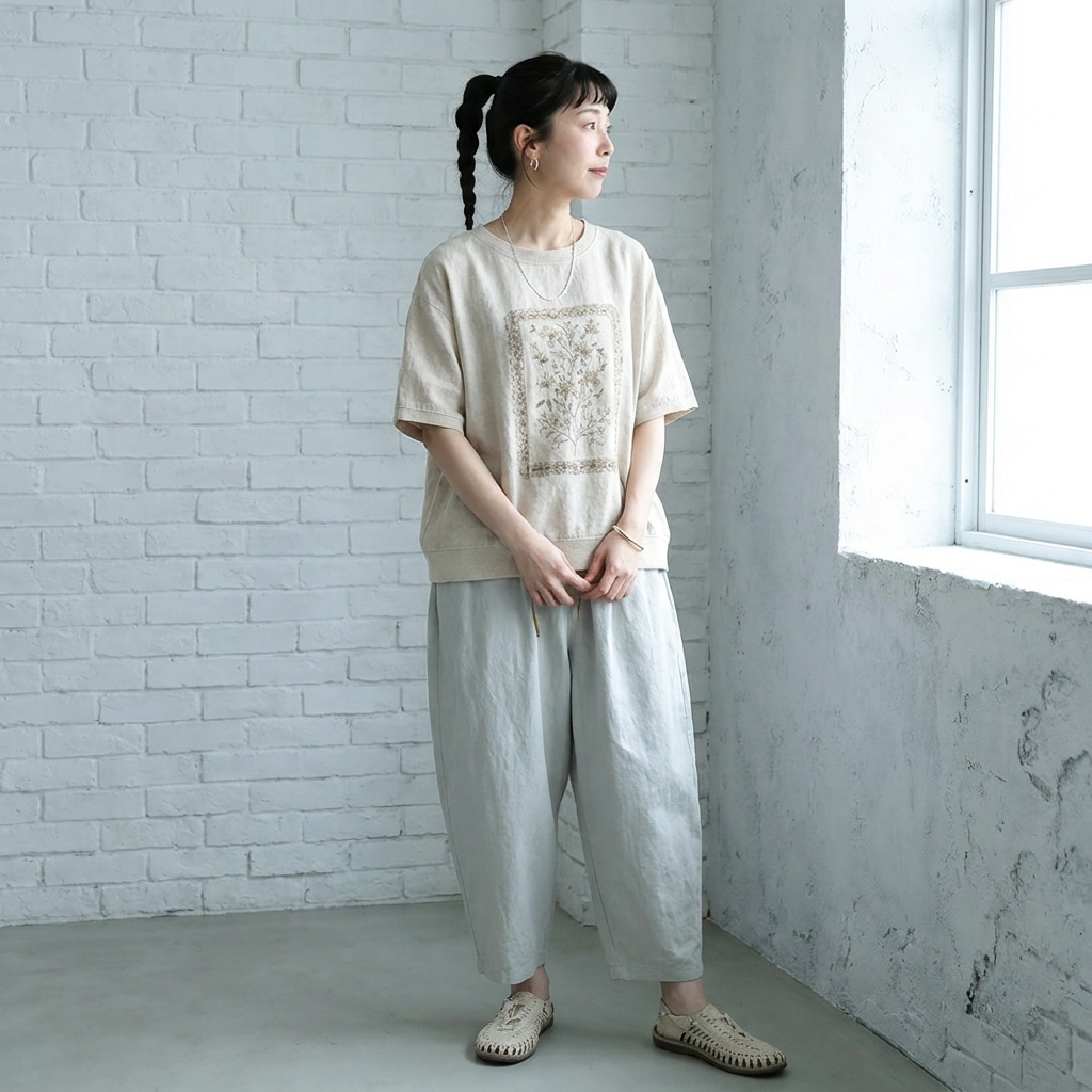 プリント コットン混 半袖Tシャツ ルーズ