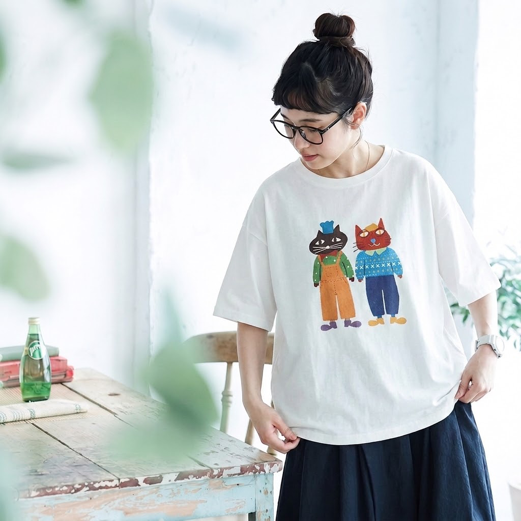 コットン プリント 半袖 ラウンドネック カートゥーン Tシャツ
