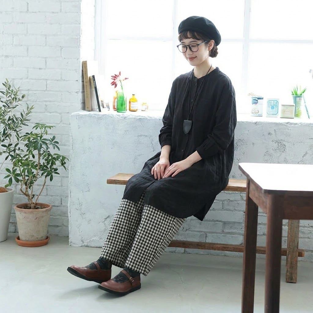 コットン バンドカラー ロングシャツ