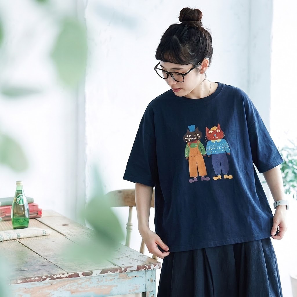 コットン プリント 半袖 ラウンドネック カートゥーン Tシャツ