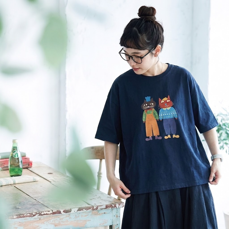 コットン プリント 半袖 ラウンドネック カートゥーン Tシャツ