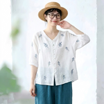 綿麻 セットアップ 刺繍 ボタン ロング丈 五分袖 トップス＆パンツ