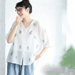 綿麻 セットアップ 刺繍 ボタン ロング丈 五分袖 トップス＆パンツ