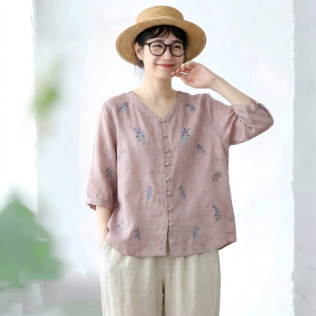 綿麻 セットアップ 刺繍 ボタン ロング丈 五分袖 トップス＆パンツ