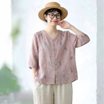 綿麻 セットアップ 刺繍 ボタン ロング丈 五分袖 トップス＆パンツ
