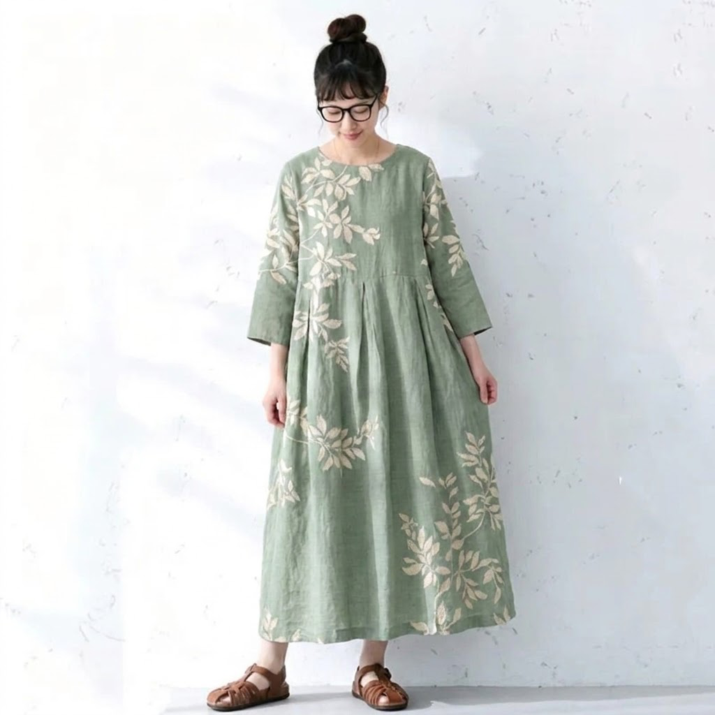 S～4XL 配色 Aライン プリント 七分袖 ワンピース